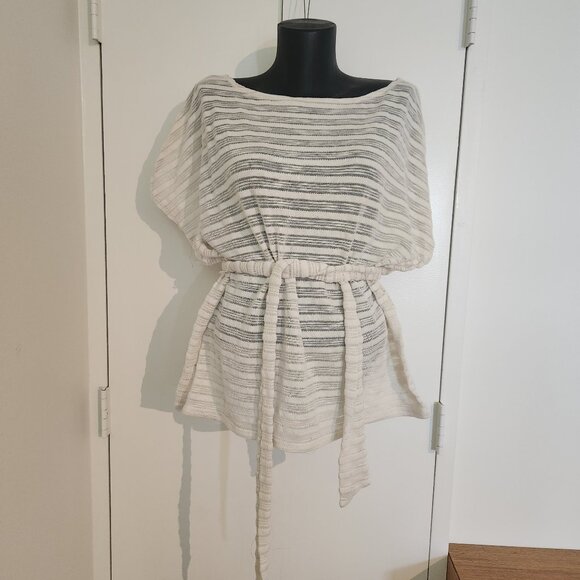 Ann Taylor White sheer stripe top with belt size L - Picture 1 of 3